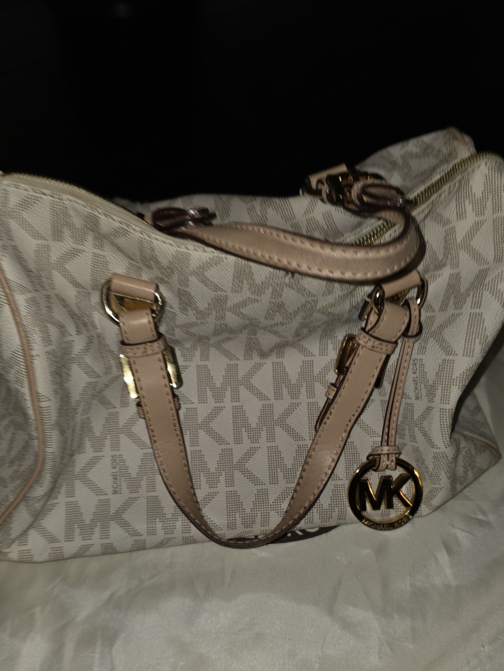 Michael Kors Light Beige Logo Satchel with Gold Hardware